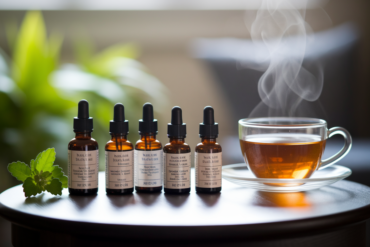 flacons-homeopathie-table-bois-tisane
