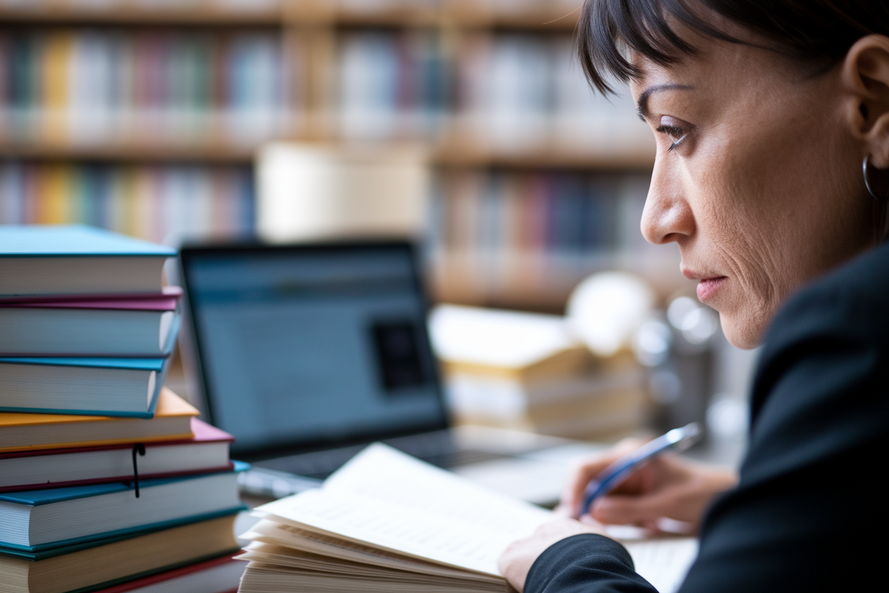 femme-profil-bureau-livres-ordinateur