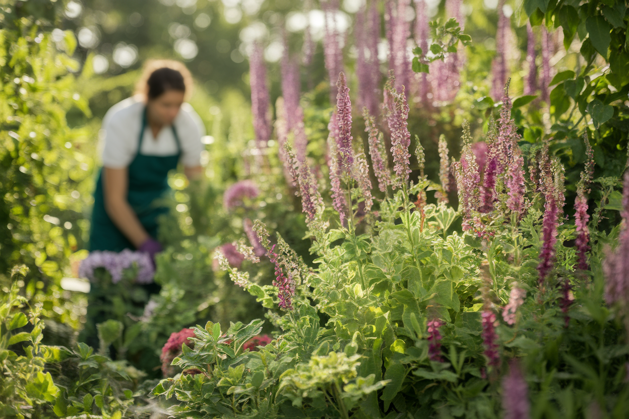 jardin-plantes-medicinales-soleil-personne-floue