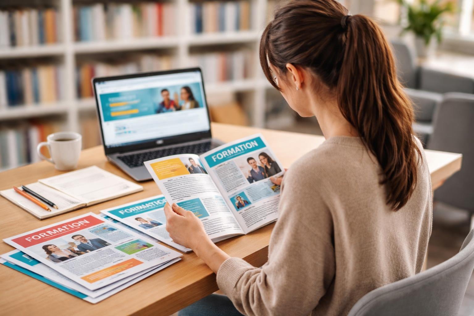 femme-brochures-ordinateur-table-bibliotheque