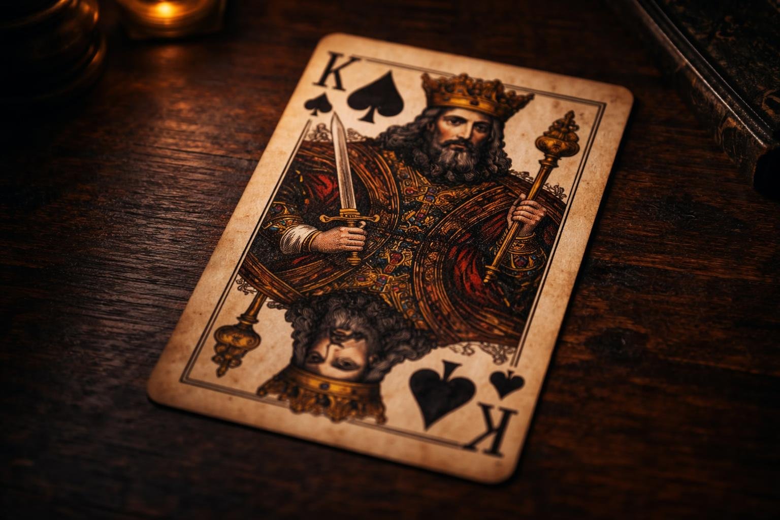 roi-pique-carte-table-bois