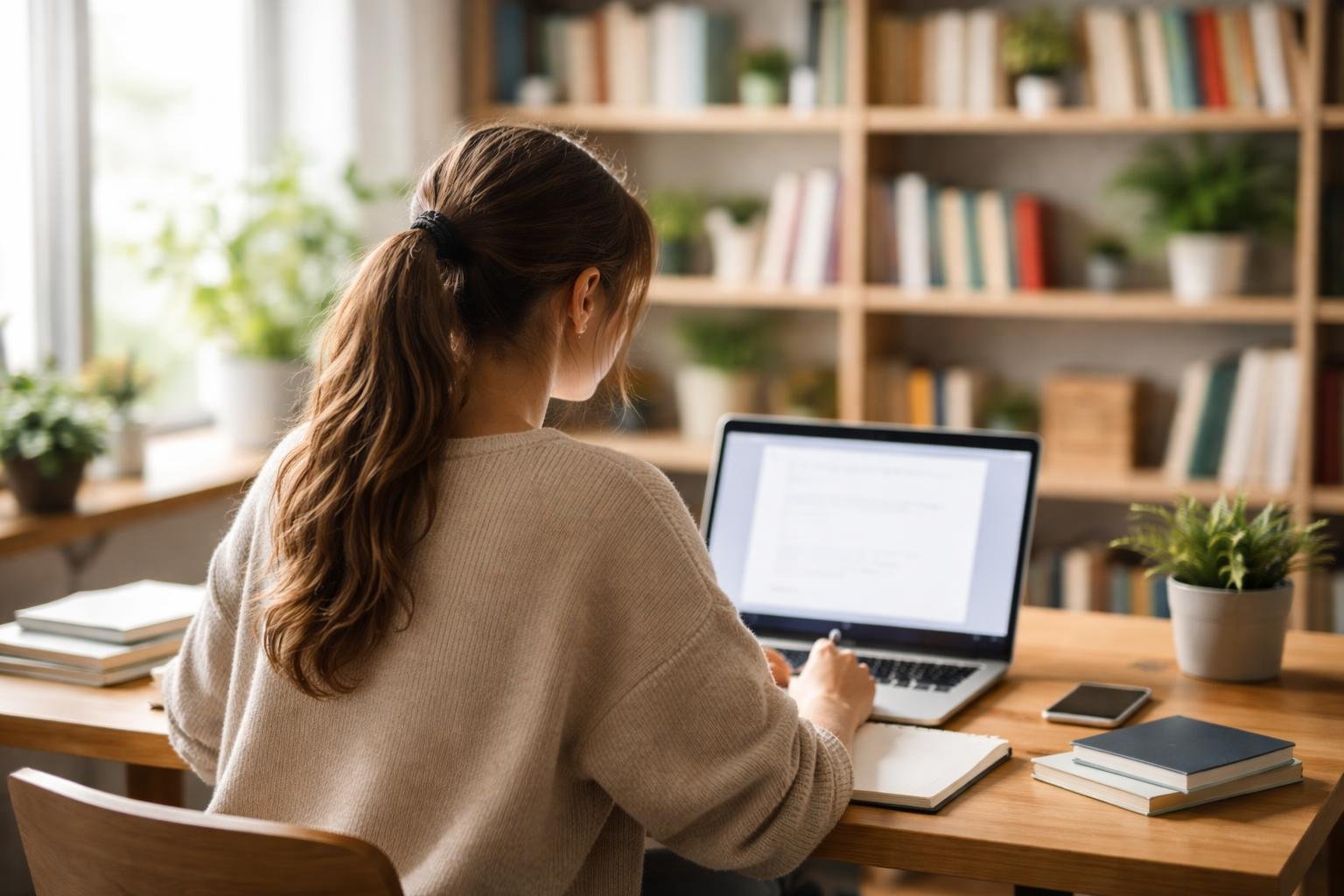 etudiante-bureau-ordinateur-bibliotheque-plantes