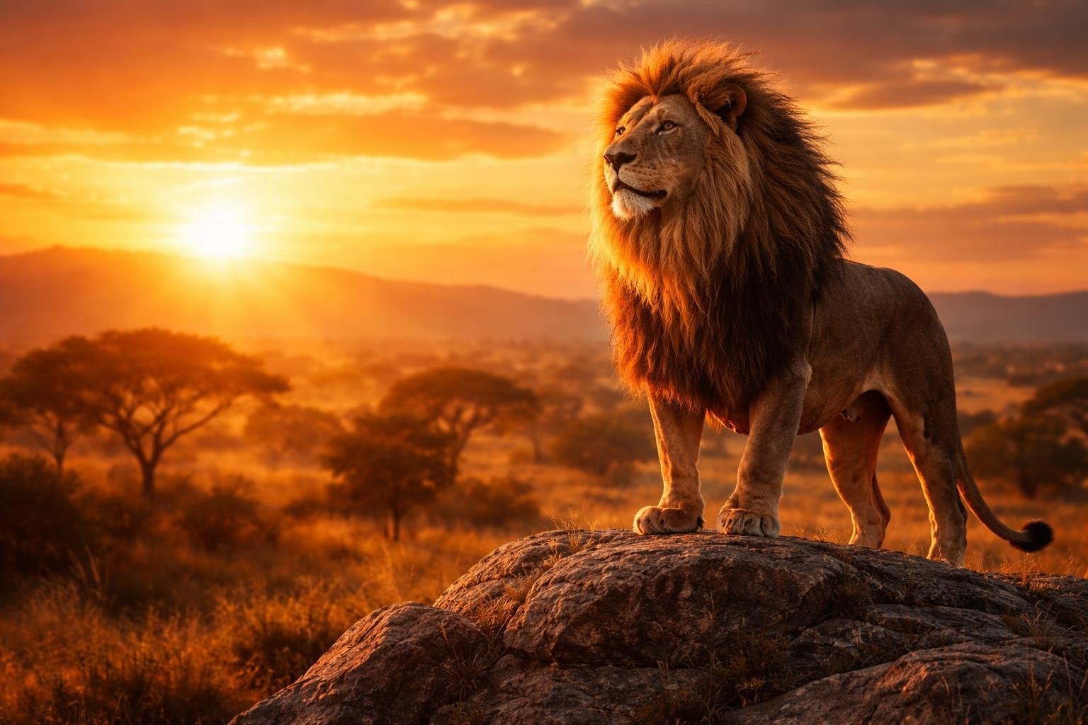 lion-rocher-savane-coucher-soleil