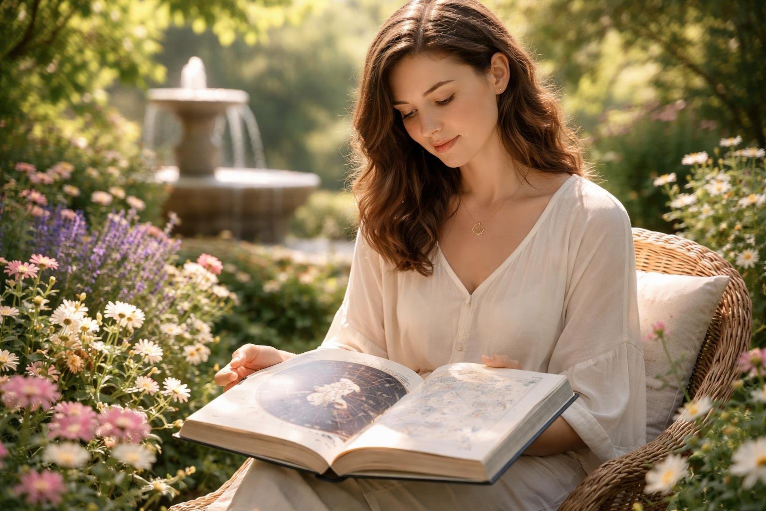 personne-jardin-livre-fleurs-fontaine