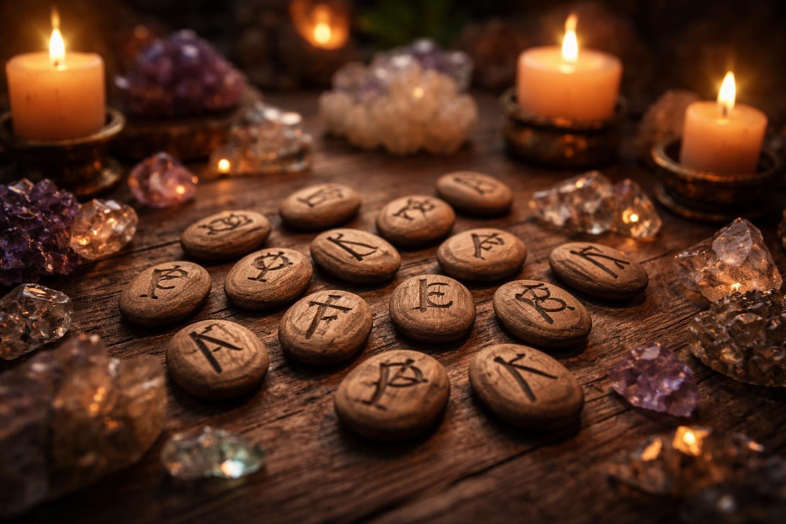 runes-anciennes-bougies-cristaux-table-bois