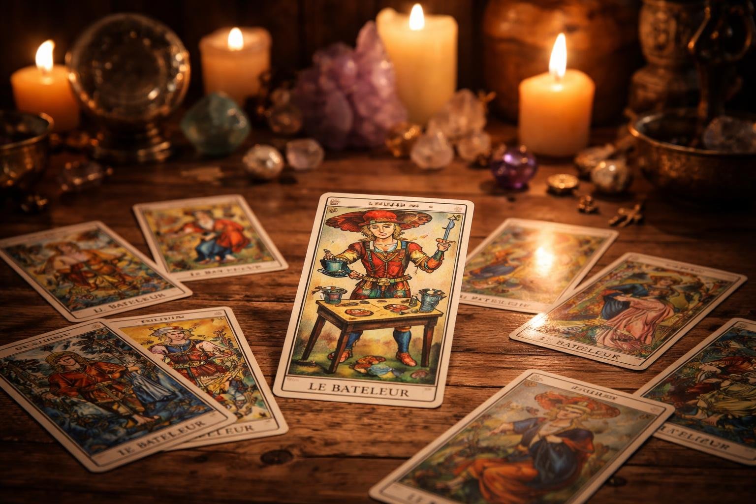 table-cartes-tarot-bateleur-ambiance-mystique