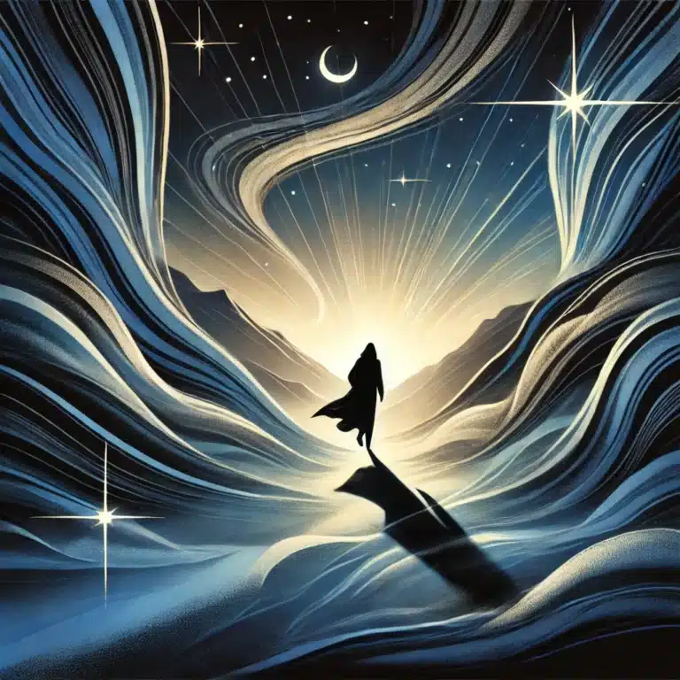 -A-second-illustration-representing-the-theme-Obscurite-mon-amie-with-a-figure-walking-calmly-in-the-midst-of-a-dark-starlit-landscape.-The-figure bien-etre-psy-therapie.fr