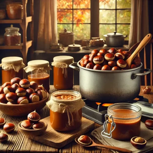 cuisine où l'on prépare de la crème de marrons, des châtaignes rôties et des pots de crème prêts à être scellés