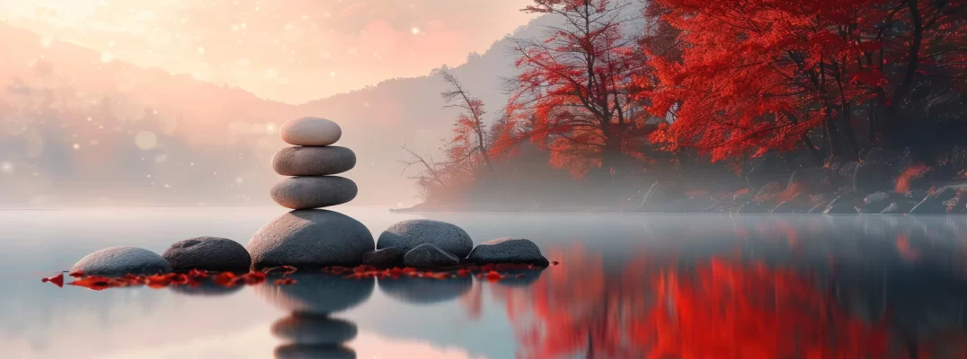 zen-stones-misty-lake-with-red-autumn-leave